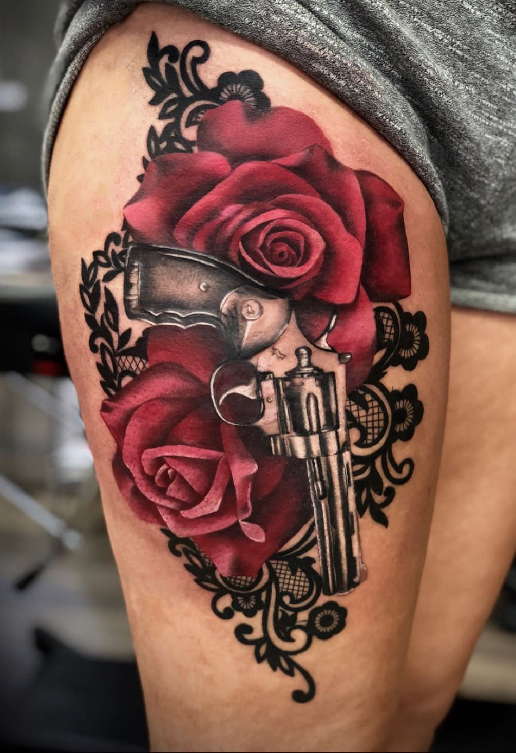 Guns and Roses Thigh Tattoo