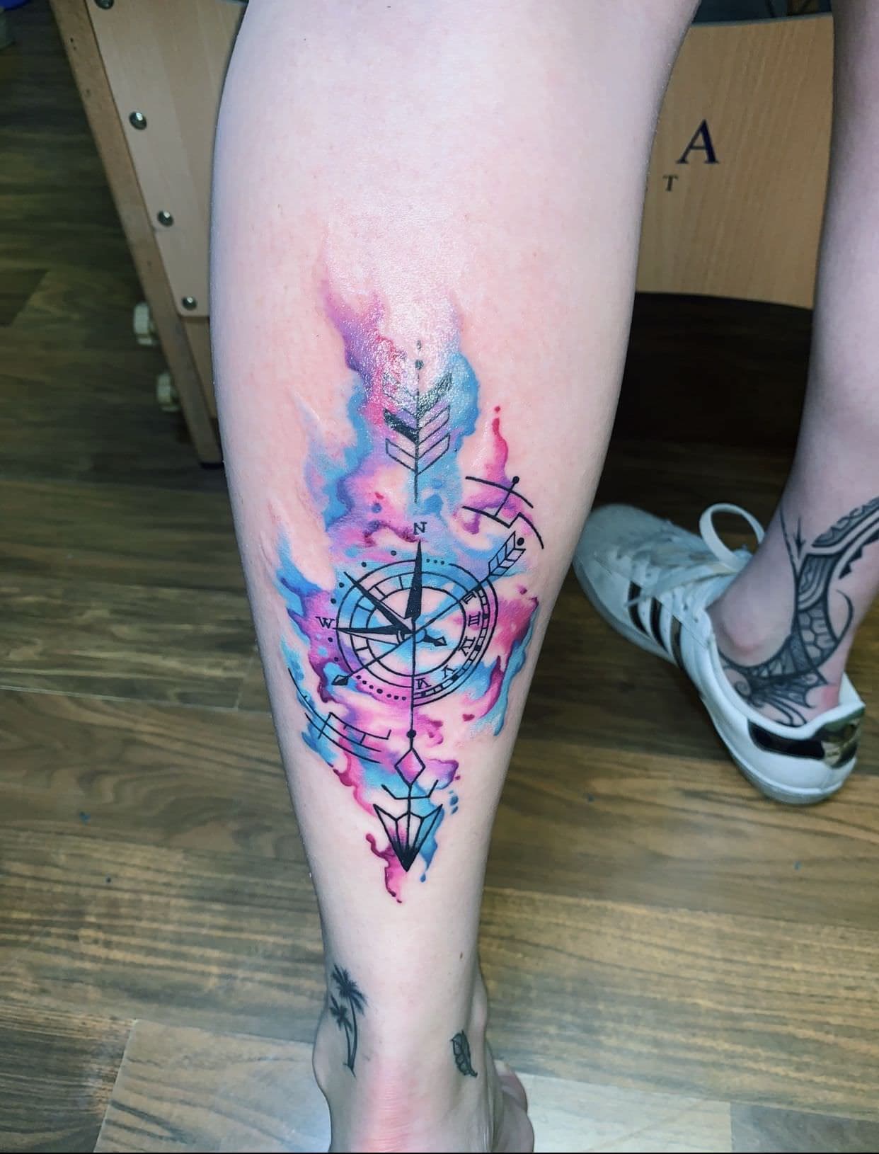 Watercolor Compass Calf Tattoo