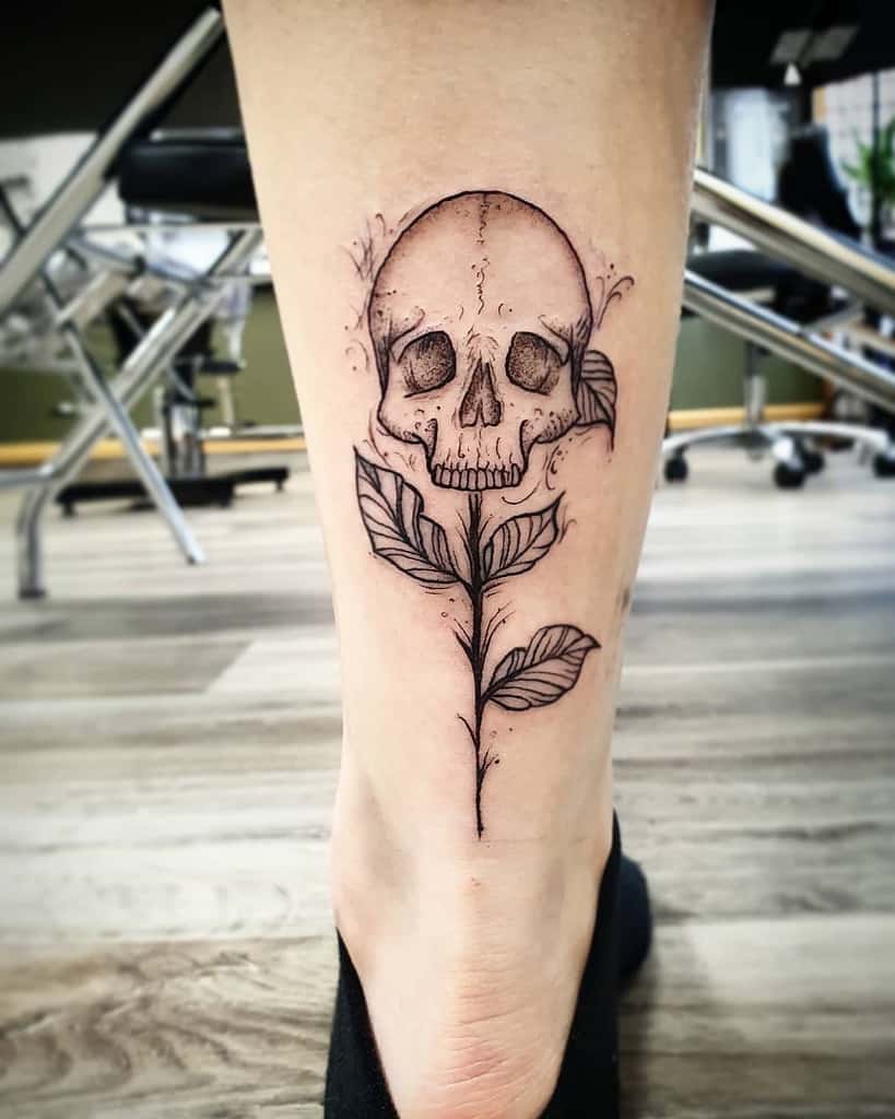 Floral Skull Calf Tattoo